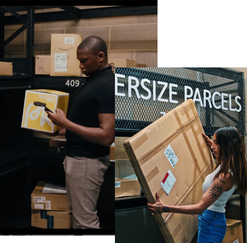 Two people carrying parcels from a store room